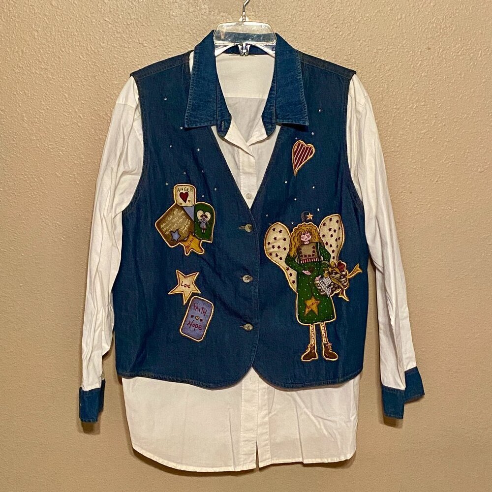 The Quacker Factory Vest & Shirt Blue Angels Believe Hearts Embroidered Size 1X